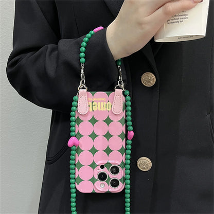 ドット ダイヤ柄 ピンク グリーン iPhoneケース｜ショルダーストラップ付き #240518