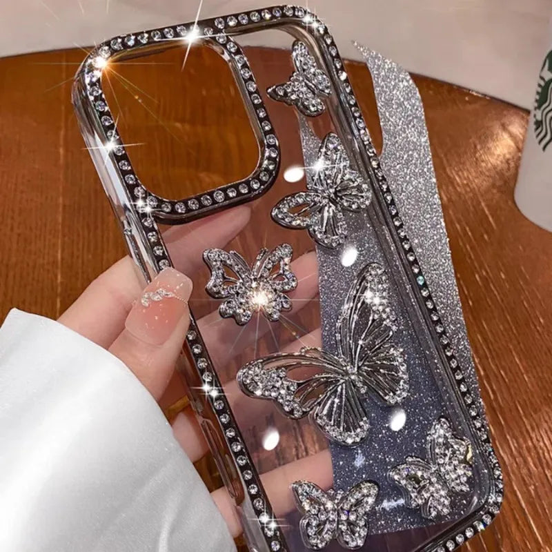 【ジュエリーバタフライ】立体バタフライ×ビジューグラデーション スマホケース｜iPhone対応 #250628