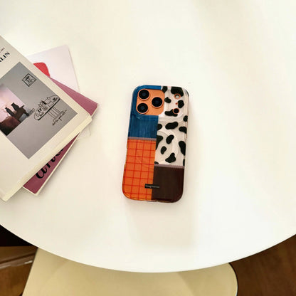 【カウパッチワーク】デニム×チェック×アニマル柄 スマホケース｜iPhone対応 #250123