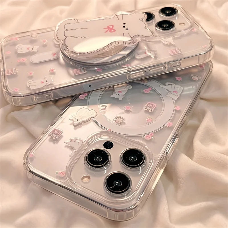 リボンねこイラスト クリアデザイン Magnet内蔵 グリップ付き iPhoneケース #240120