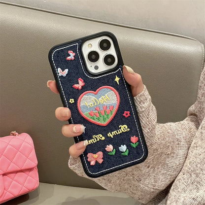 【デニム刺繍デザインスマホケース】ハート&バタフライ｜iPhone対応 #250811