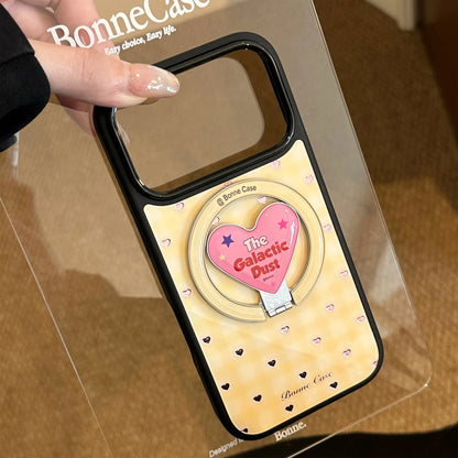 【マグネット式折りたたみハートスタンド付き】イエローチェック ×ピンクハートリング スマホケース｜iPhone対応 #240704