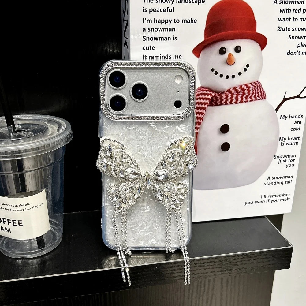 【グリッターバタフライ】キラキラ 蝶々 × ジュエリーチェーン スマホケース｜iPhone対応 #240807