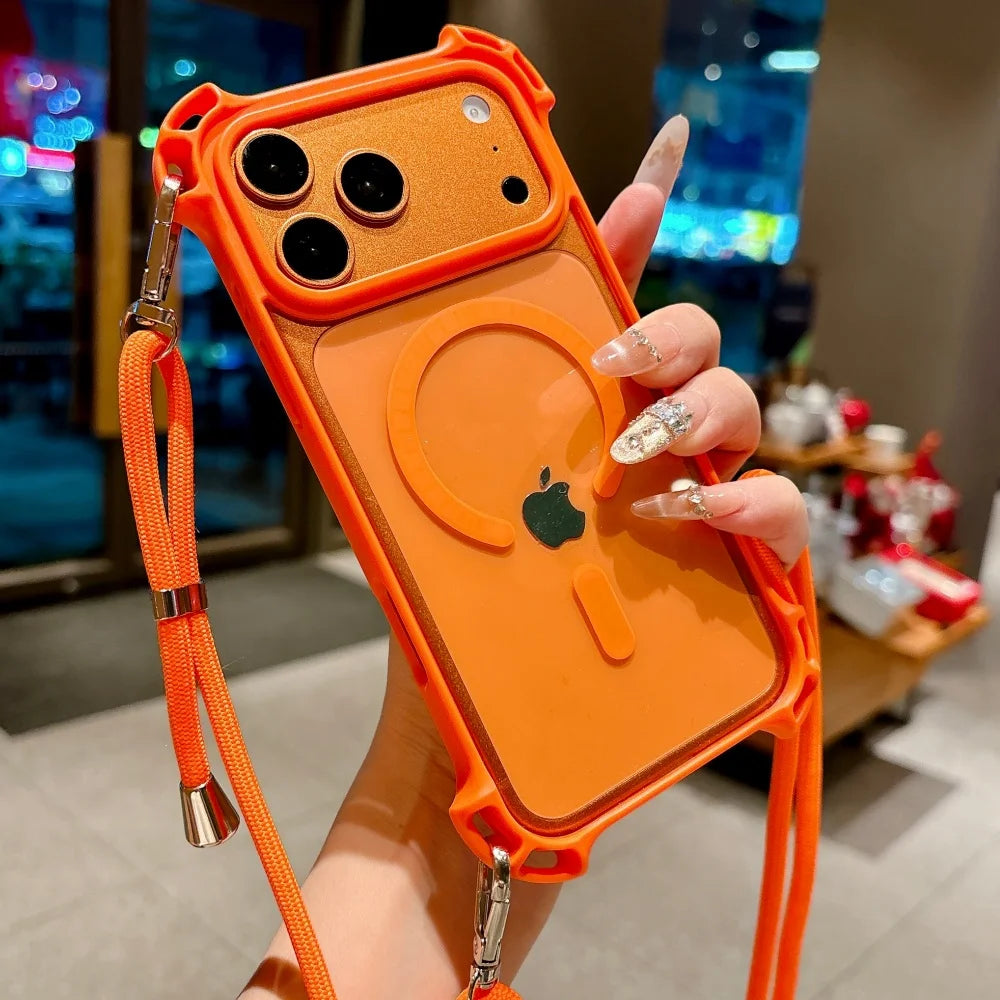 タフデザイン ロングストラップ付 耐衝撃 Magnet内蔵 クリア iPhoneケース #231109