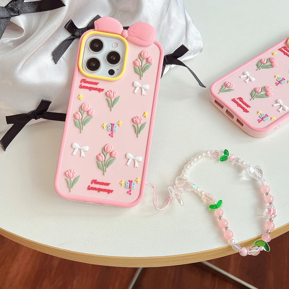 【フラワーリボンシリーズ】立体チューリップ＆蝶々モチーフ スマホケース｜iPhone対応 #250820