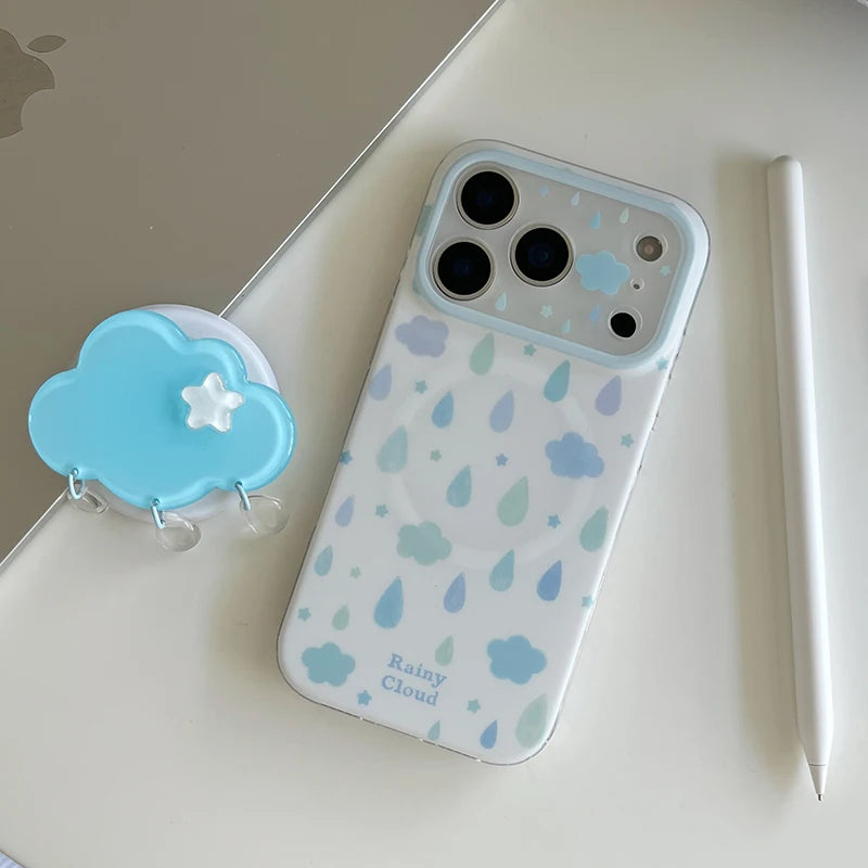 【グリップ付き】雨雲 しずく柄 クラウドグリップ Magnet内蔵 iPhoneケース｜ゆめかわ・韓国っぽ PCA #261292