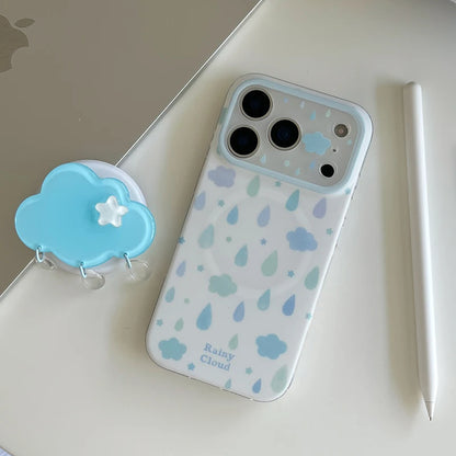 【グリップ付き】雨雲 しずく柄 クラウドグリップ Magnet内蔵 iPhoneケース｜ゆめかわ・韓国っぽ PCA #261292