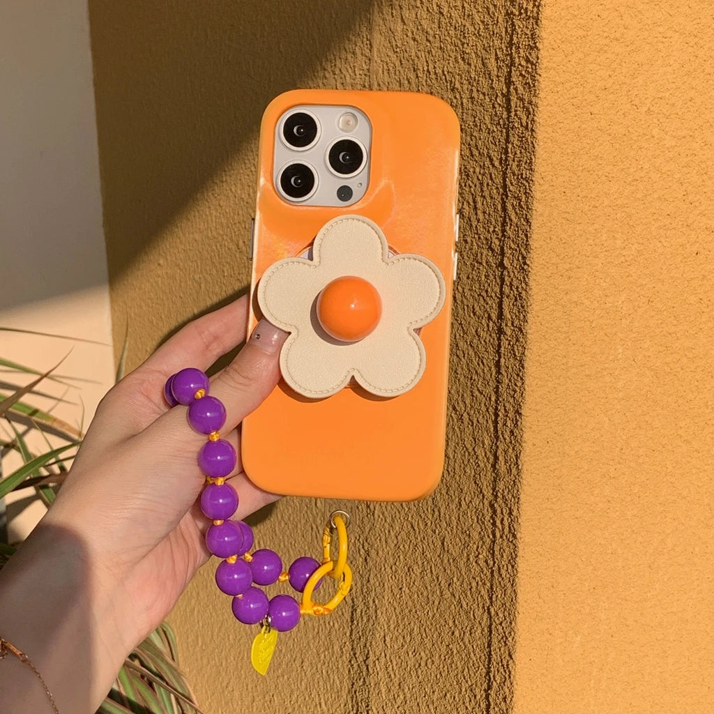 【フラワーシリーズ】立体レトロフラワー ビーズストラップ付き バイカラー スマホケース｜iPhone対応 #251001