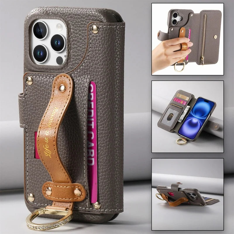 【ブックスタイル】キーリング付き レザー調 財布一体型 手帳型 iPhoneケース｜ファスナー収納・多色展開 #240128
