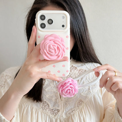 3D 立体ローズグリップ付き ドット柄 iPhoneケース｜ストラップ・フェミニンデザイン #231207