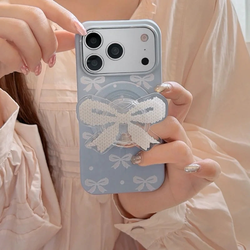 ブルーリボン グリップ クリア Magnet内蔵 iPhoneケース｜韓国風・ガーリーデザイン #231218