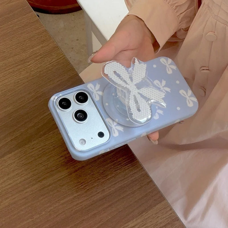 ブルーリボン グリップ クリア Magnet内蔵 iPhoneケース｜韓国風・ガーリーデザイン #231218