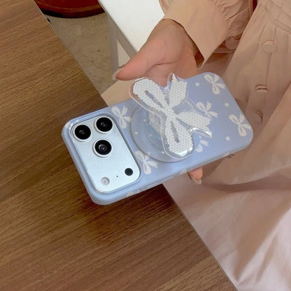 ブルーリボン グリップ クリア Magnet内蔵 iPhoneケース｜韓国風・ガーリーデザイン #231218