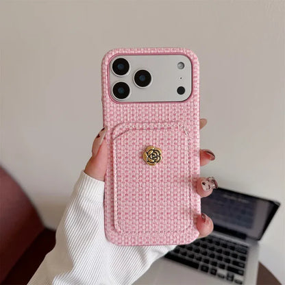 【ツイード調 】iPhoneケース カメリアボタン カードポケット付き｜上品エレガント・高見え #260012