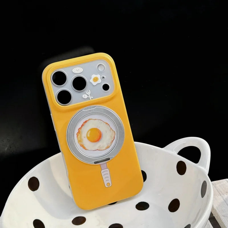 【目玉焼き×フライパン】 iPhoneケース リングスタンド付き｜ポップデザイン・Magnet内蔵 #231012