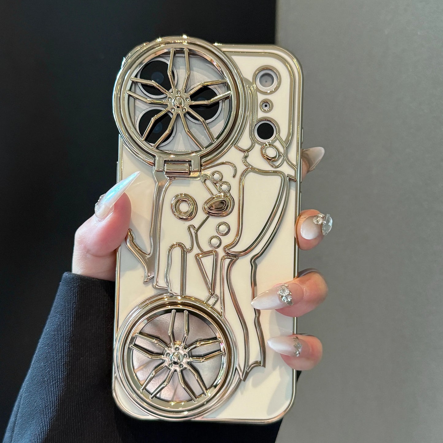 くるくる回る タイヤ 自転車 メタルバイク iPhoneケース｜立体ラインデザイン #240508