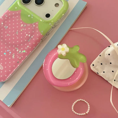 ストロベリードット ミラーグリップ付き iPhoneケース｜いちごイラスト・3Dフルーツグリップ #240429