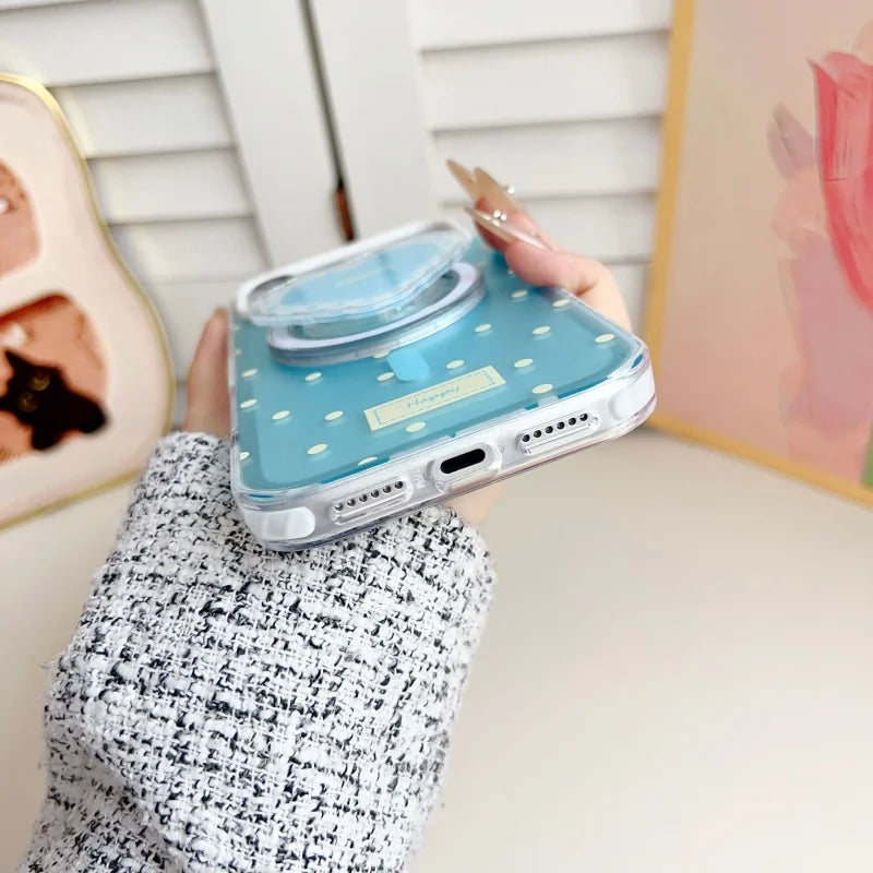 ハートグリップ ビーズストラップ付き ドット柄 韓国風 iPhoneケース #240509