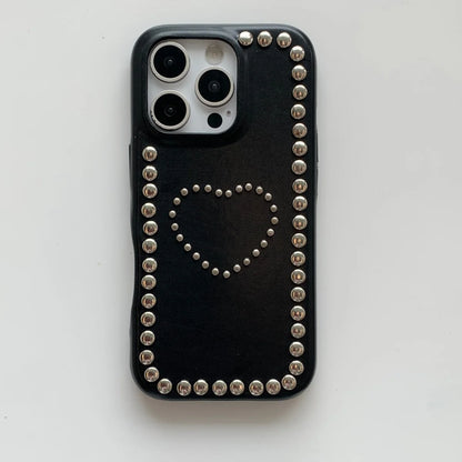 【ハートスタッズシリーズ】レザー・デニム調 シルバー スタッズ スマホケース｜iPhone対応 #251205