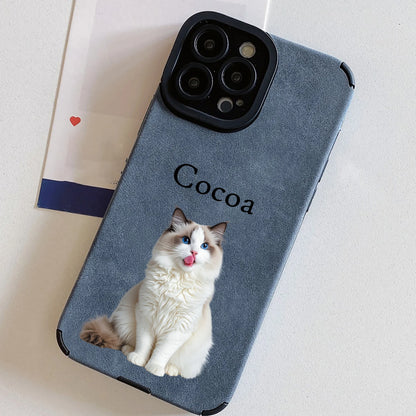 【カスタムNAMEシリーズ】ペット写真×ネーム入り スエード調 フォトケース｜iPhone対応 #241007