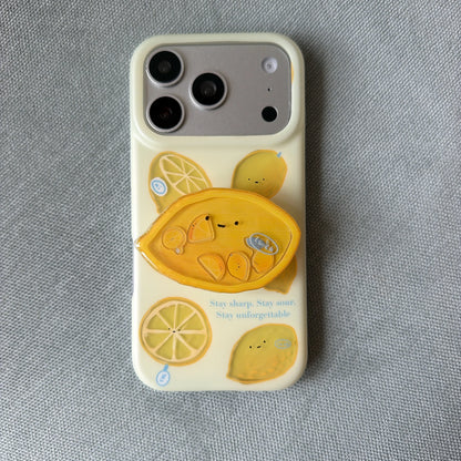 レモン柄 ニコちゃんレモン グリップ付き iPhoneケース｜淡色イエロー・ゆるかわ #261275