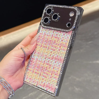 【スクエアシリーズ】ツイードジュエル ラインストーン 高級感 ツイード調 スマホケース｜iPhone対応 #250302