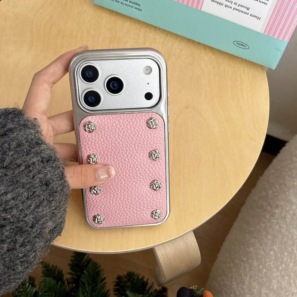 【ローズスタッズ】シルバーフレーム ピンク レザー風 ストラップ付き ケース｜iPhone対応 #240924