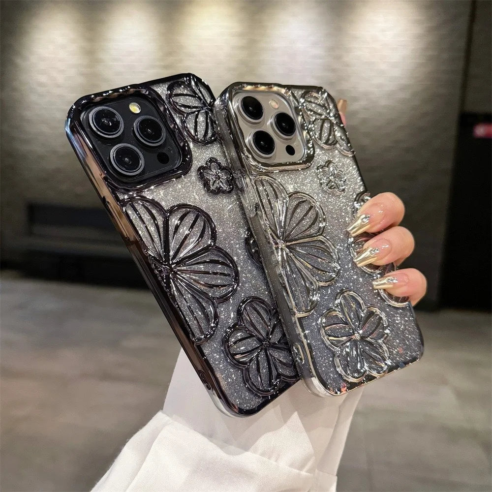 【グリッターフラワーシャイン】3Dフラワー × グラデーションラメ スマホケース｜iPhone対応 #250618