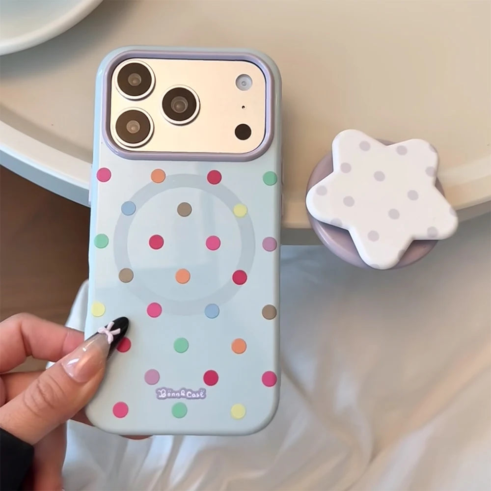【マグネット内蔵】スターモチーフグリップ付きドット柄 iPhoneケース カラフル PCA #261216