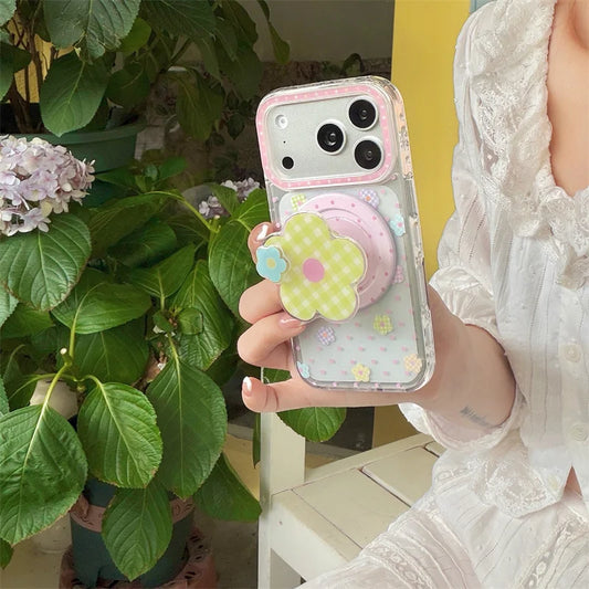 チェックフラワーグリップ 花柄 透明感 Magnet内蔵 iPhoneケース｜パステル #260028