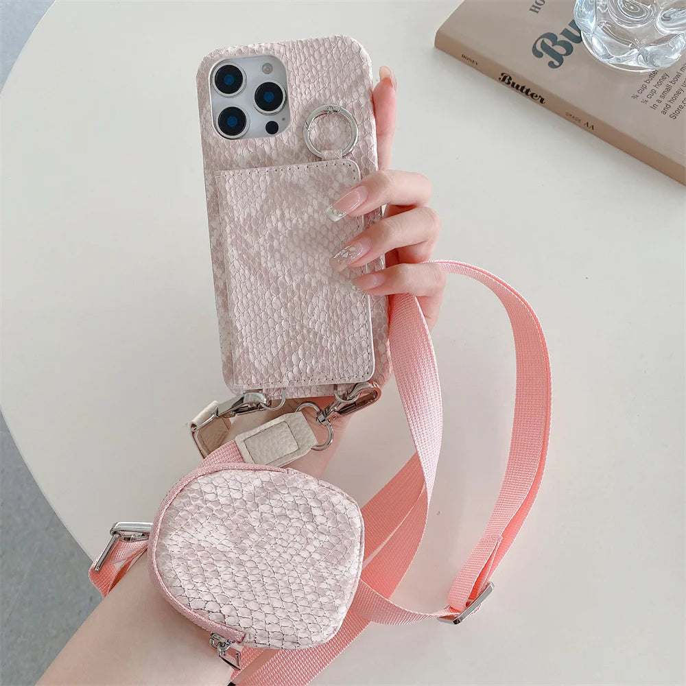 【スネークシリーズ】ヘビ柄 高見え ショルダーストラップケース ＋ カード収納 ミラー ミニポーチ #240916