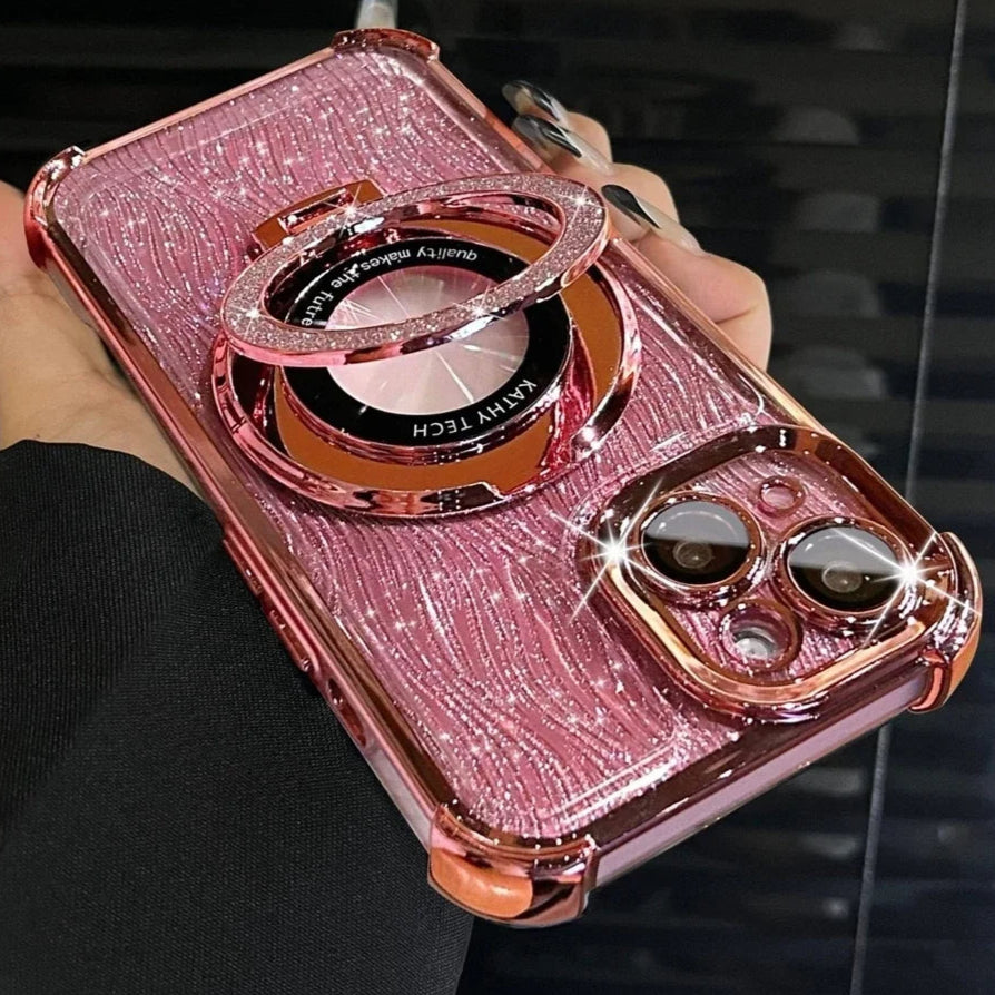 【Magsafe対応】高級感 ゴールド×ラメ リング付き iPhoneケース｜耐衝撃・スタンド機能・キラキラデザイン｜iPhone対応 #250407