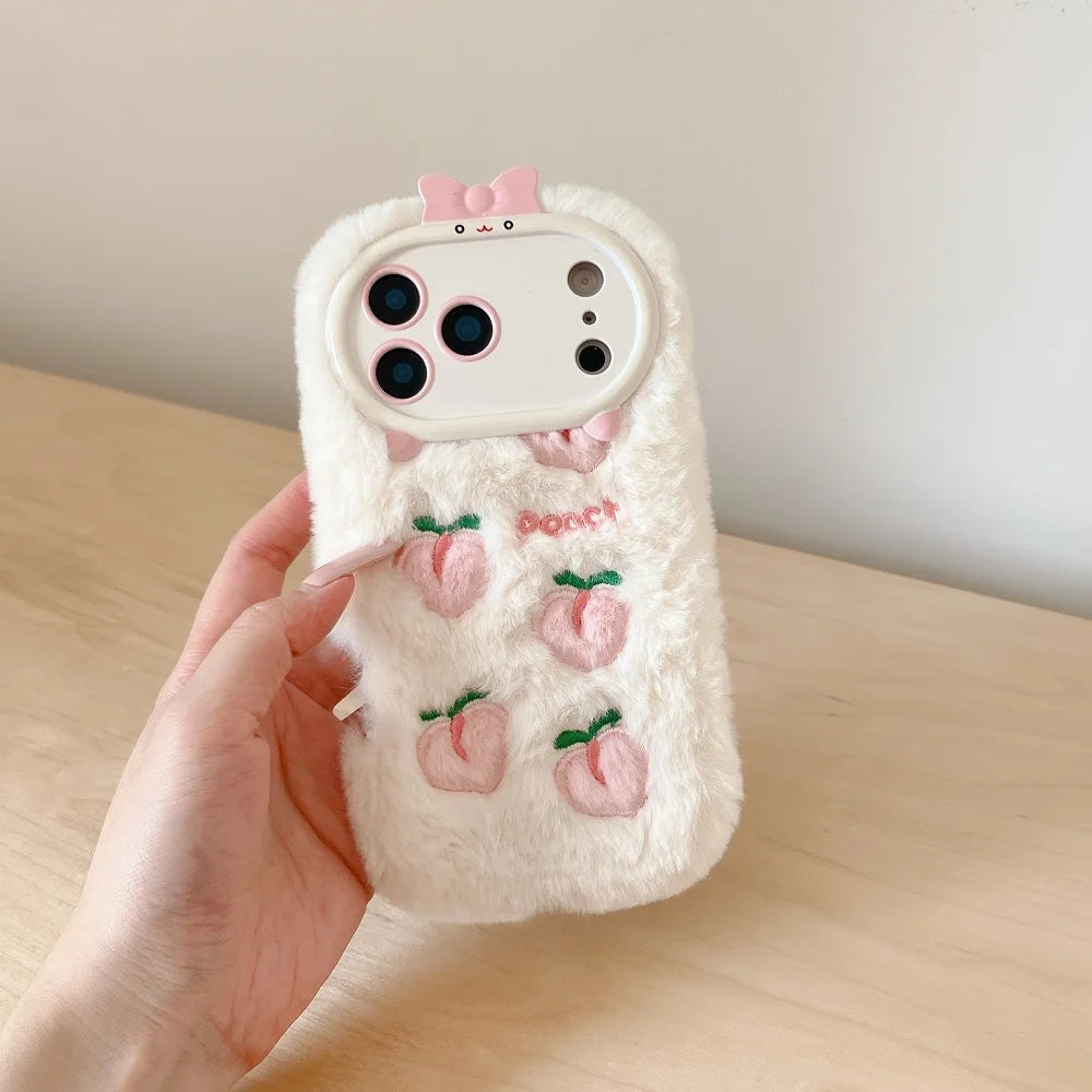 【ピーチファーリボン】もこもこピーチ×リボンカメラカバー スマホケース｜iPhone対応  #250113