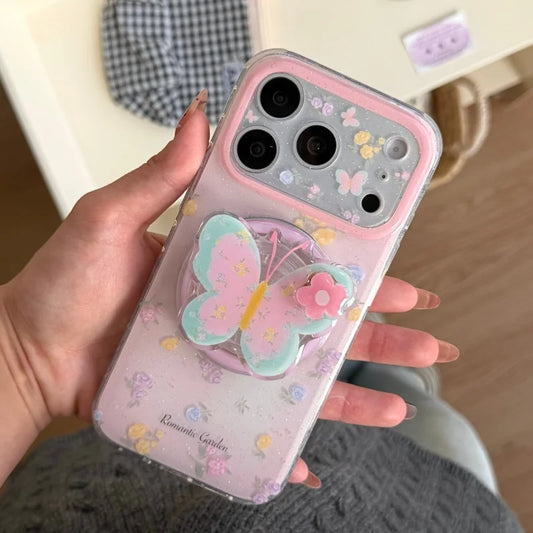 パステルバタフライ Magnet内蔵 立体グリップ付き  iPhoneケース｜フェミニン・淡色デザイン #231117