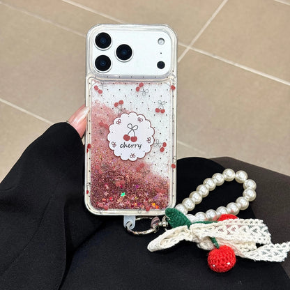 チェリー柄 リキッドグリッター パールストラップ付き クリア iPhoneケース キュート・ガーリー・韓国風 #261119