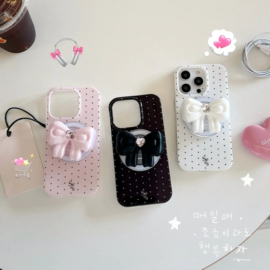 【Magnet内蔵】ドット × 3D リボングリップ ガーリー スマホケース｜iPhone対応 #241003