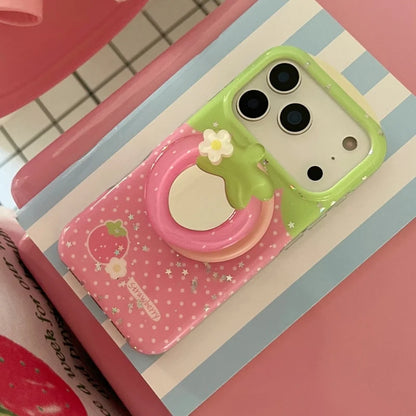 ストロベリードット ミラーグリップ付き iPhoneケース｜いちごイラスト・3Dフルーツグリップ #240429