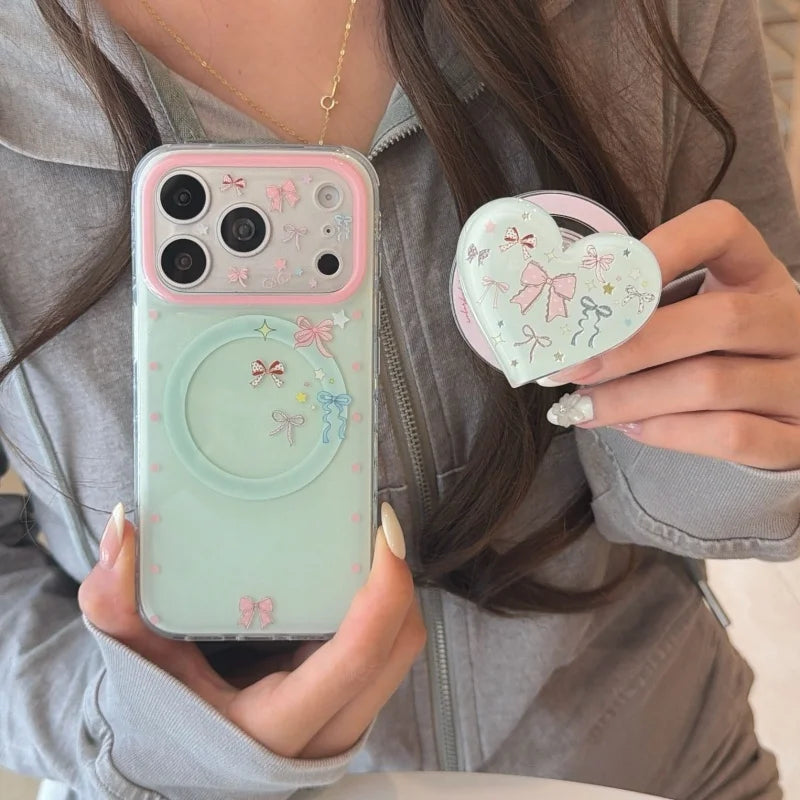 ミントグリーン リボン柄 ハートグリップ付き Magnet内蔵 iPhoneケース｜淡色 #260011