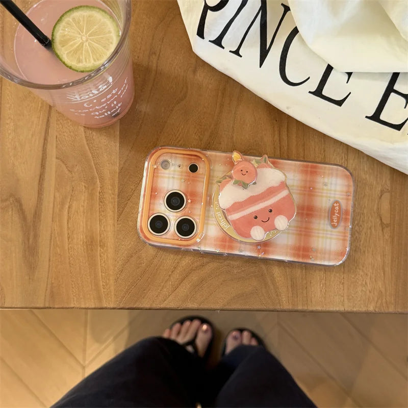 【Magnet内蔵】クリームケーキ オレンジ ギンガムチェック スマホケース｜ゆるかわポップソケット｜iPhone対応 #241203