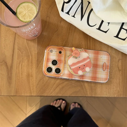【Magnet内蔵】クリームケーキ オレンジ ギンガムチェック スマホケース｜ゆるかわポップソケット｜iPhone対応 #241203
