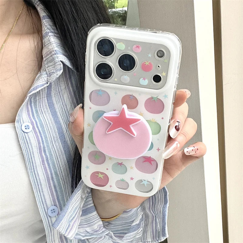 パステルトマト グリップ付き iPhoneケース｜韓国ポップ・クリアデザイン・淡色カラー #230918
