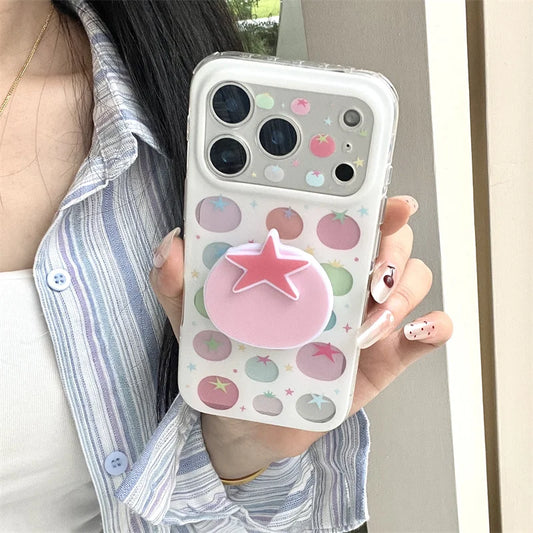 パステルトマト グリップ付き iPhoneケース｜韓国ポップ・クリアデザイン・淡色カラー #230918