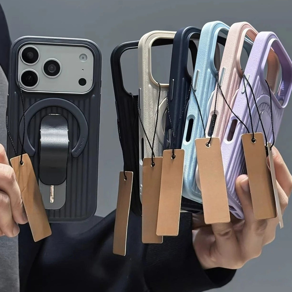 スライド式スタンド シンプル ストライプデザイン iPhoneケース｜背面ホールド付き #240121