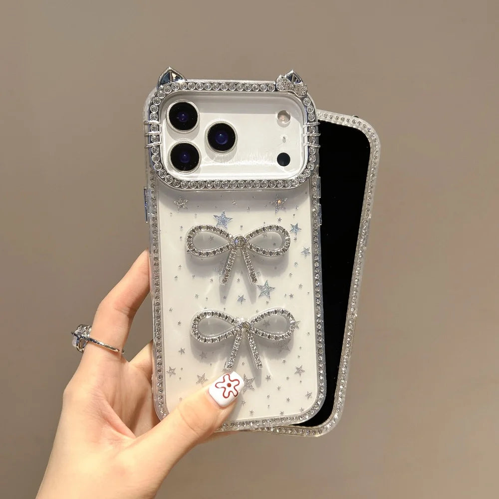 【猫耳シリーズ】ストーン付きリボン ラメデザイン キラキラスマホケース｜iPhone対応 #251203
