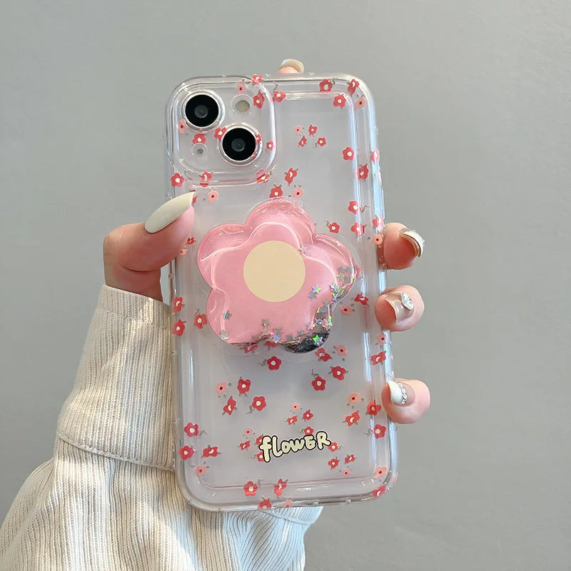 【クリアフラワーグリップ】立体フラワー付き 透明スマホケース｜iPhone対応