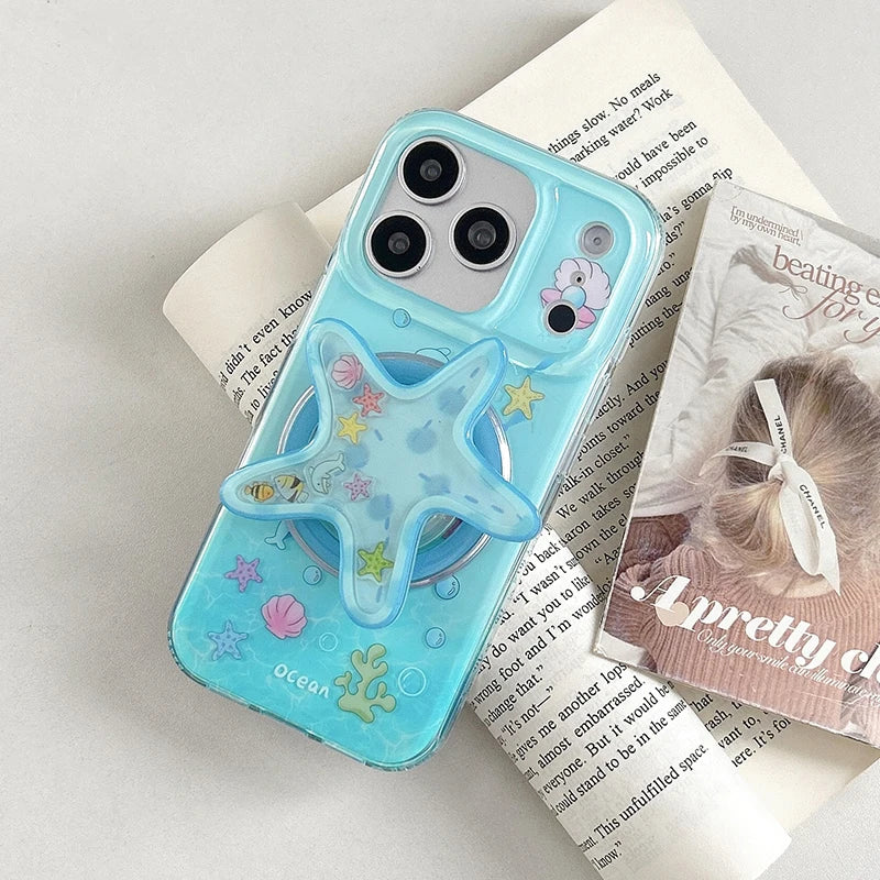 海の生きもの オーシャンモチーフ ヒトデ 立体グリップ付き マリン iPhoneケース｜Magnet内蔵 #231127