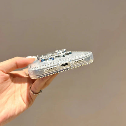 【猫耳シリーズ】ストーン付きリボン ラメデザイン キラキラスマホケース｜iPhone対応 #251203