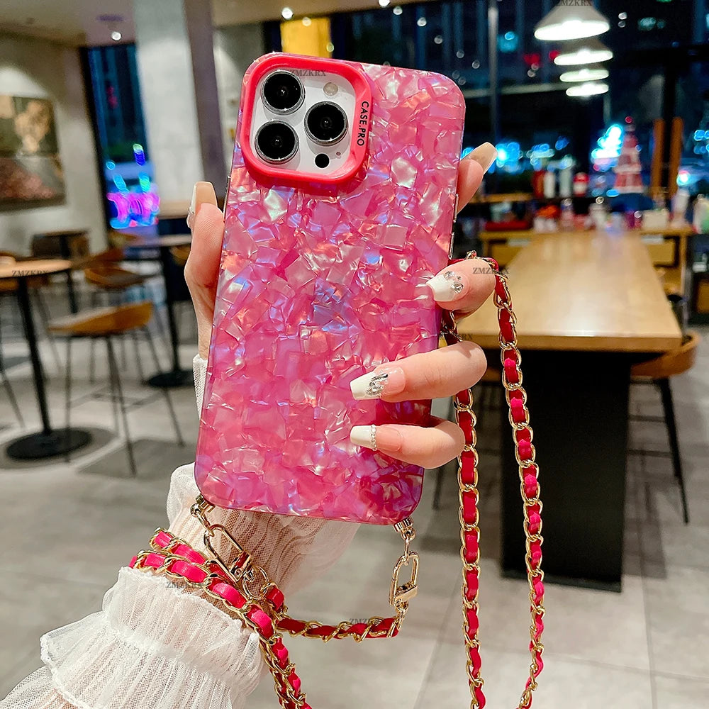 シェル風 オーロラデザイン ショルダー チェーンストラップ付き iPhoneケース #230726
