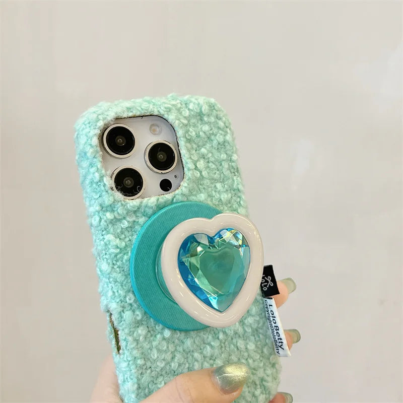 【Magsafe対応】立体ハートジュエルポップソケット × もこもこファー スマホケース｜iPhone対応 #241214