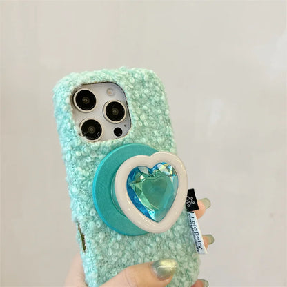 【Magnet内蔵】立体ハートジュエルポップソケット × もこもこファー スマホケース｜iPhone対応 #241214